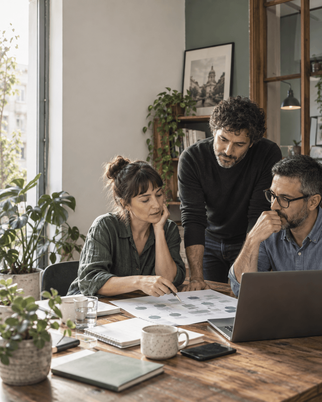 Personas revisando procesos de trabajo alrededor de una mesa.